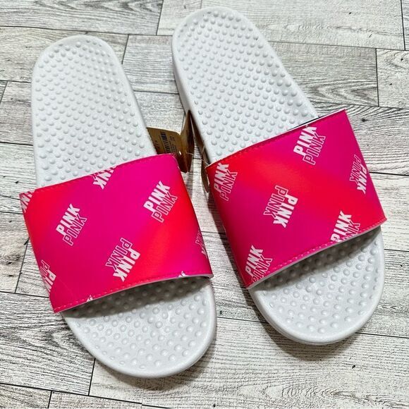 VICTORIA'S SECRET PINK LOGO ORANGE &‎ PINK OMBRE SLIDES NWT - Picture 1 of 7